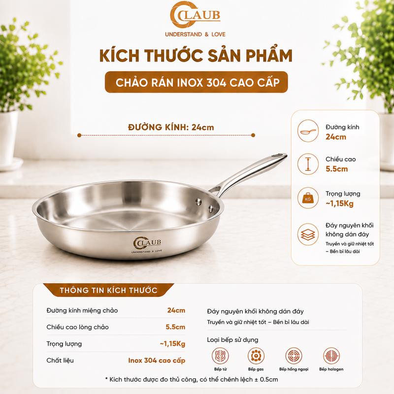 GLAUB Chảo Rán Inox 304 MC-2401 Liền Khối 24cm Chống Dính Tự Nhiên An Toàn Cho Sức Khỏe Thiết Kế Sang Trọng Dùng Cho Mọi Loại Bếp