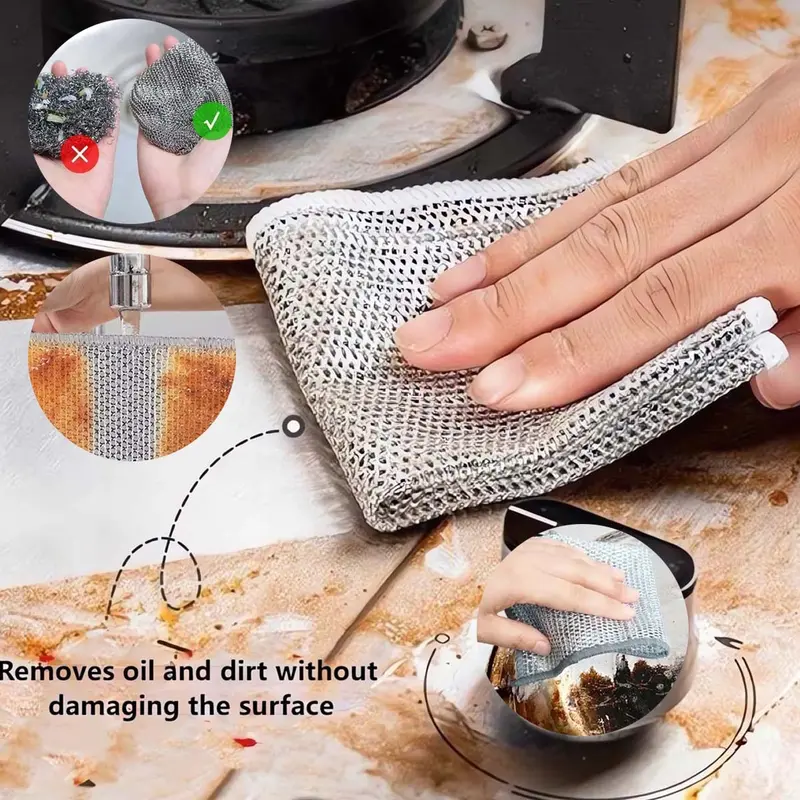 Vải lau ma thuật bằng Dây bạc, 10 cái, Khăn lau bát đĩa nhà bếp, Vải lau bằng dây thép kim loại, Thích hợp cho nồi và bát đĩa, Dụng cụ làm sạch 0