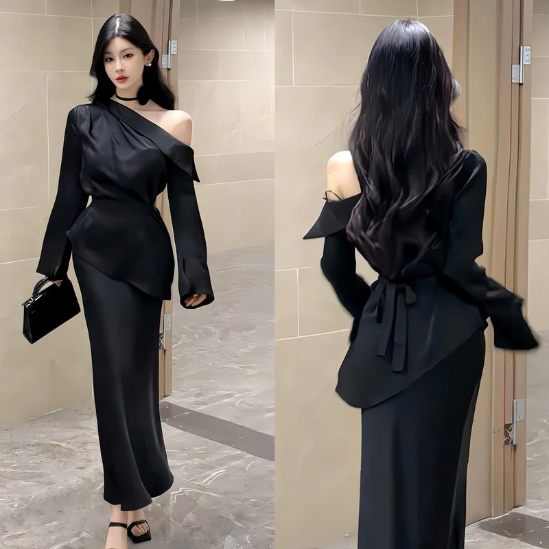 Set đầm lụa thiết kế EMME T3196 - 2 món gồm áo trễ vai cột dây eo tà chéo phối chân váy dáng dài cách điệu - THANH TỰ