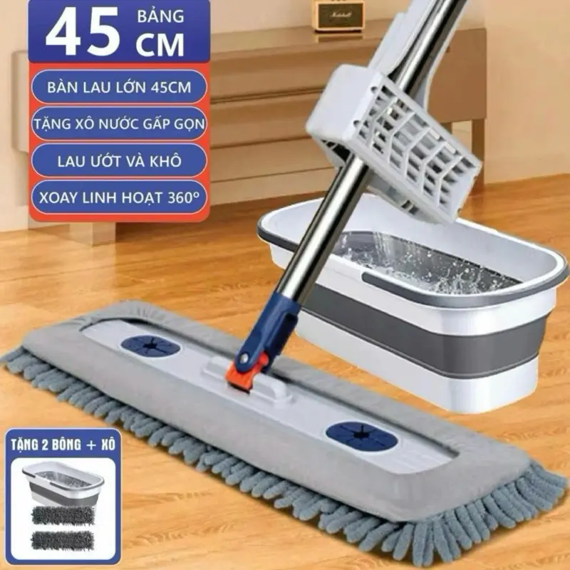 [1 chổi + 2 bông lau Kèm Xô] Cây lau nhà san hô 45x12cm, Tặng 2 Miếng Lau Và Xô Đa Năng - TT79