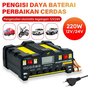 Pengisi Daya Baterai Mobil Pengisi Daya Aki Mobil 12V/24V 220W dengan Perbaikan Cerdas Pulsa Lima Segmen dan Layar Tampilan Digital Cerdas LED Cocok untuk Berbagai Mobil dan Sepeda Motor Listrik