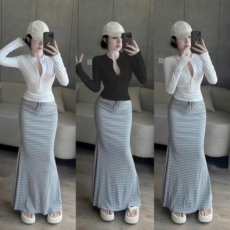 Set Chân Váy Kẻ Sọc Dáng Dài Đuôi Cá Thun Gân Mix Áo Ngắn Tay Dài Cổ Tròn Phối Nút Cài Chất Thun Borip Mềm Mại Thanh Lịch Duyên Dáng Mặc Đi Làm Đi Tiệc Đi Chơi