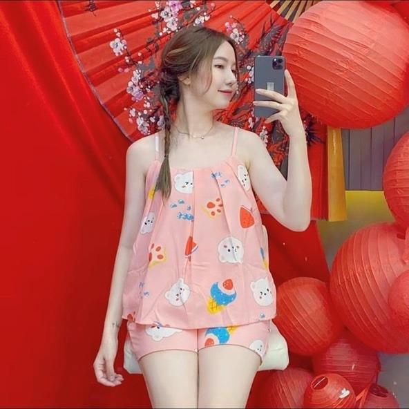  Đồ Bộ Quần Đùi Áo Hai Dây FREESIZE 40-56KG Chất Liệu Vải Lụa Hàn ,Giao Hình Ngẫu Nhiên Tương Tự Màu Chọn Thiết Kế Xếp Ly Xinh Xắn Mềm Mại Nữ Women Voi 