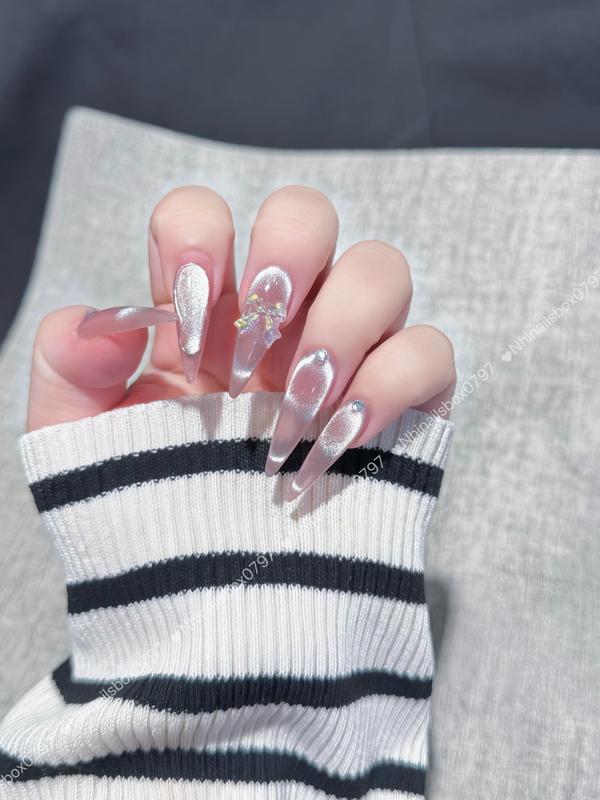  N124 bộ 10 chiếc nailsbox thiết kế thủ công màu mắt mèo kim cương thạch Hồng phối chamr nơ nhẹ nhàng sang trọng không chứa cồn bền chống nước nữ Women 