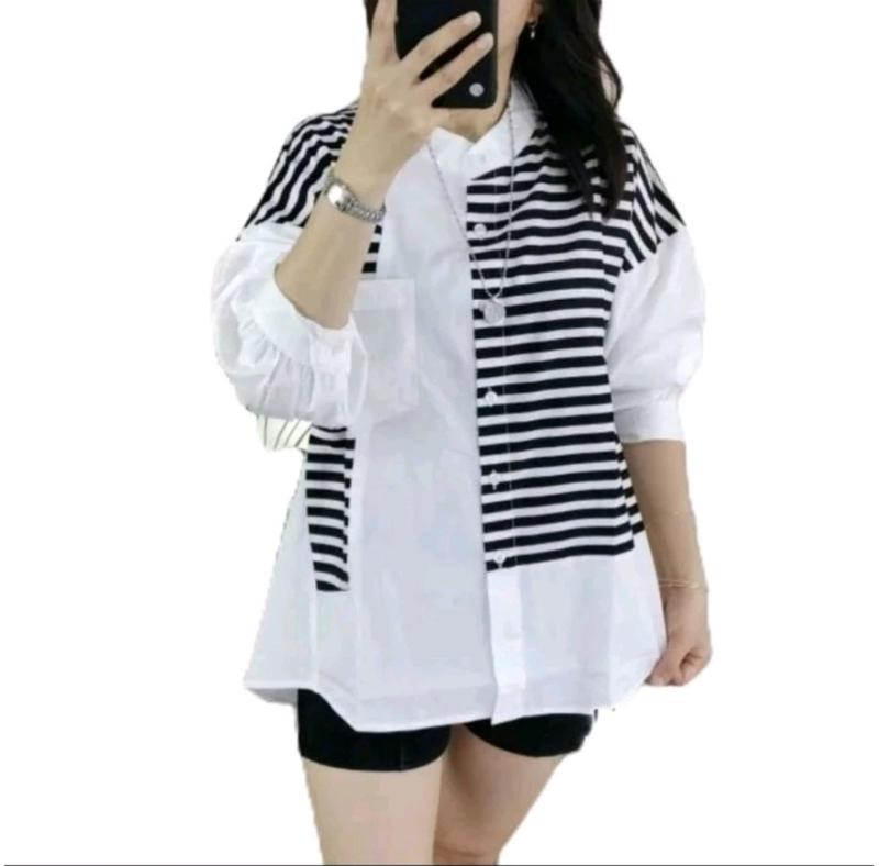 Product Introduction of kemeja linen premium wanita terbaru atasan wanita terbaru  wanita import Kain Salur Kemeja garis garis atasan wanita dewasa tunik salur 3