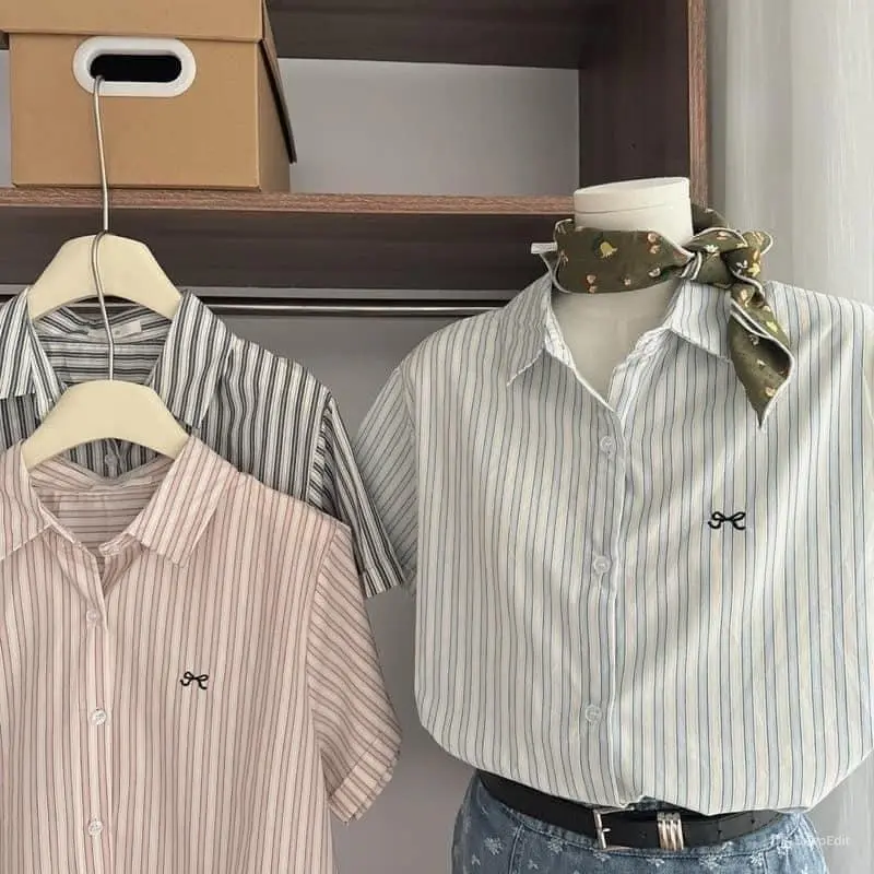 Áo sơ mi kẻ sọc nữ cộc tay thêu nơ kiểu dáng hàn quốc 8