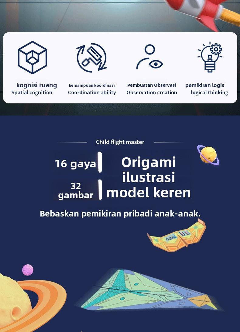 Mainan Pesawat Kertas Paper Jedet,Buku origami pesawat kertas untuk anak-anak，Mainan origami edukatif untuk anak-anak，- 32 halaman, 16 jenis Permainan Belajar Karton，Kertas ramah lingkungan | Kekinian
