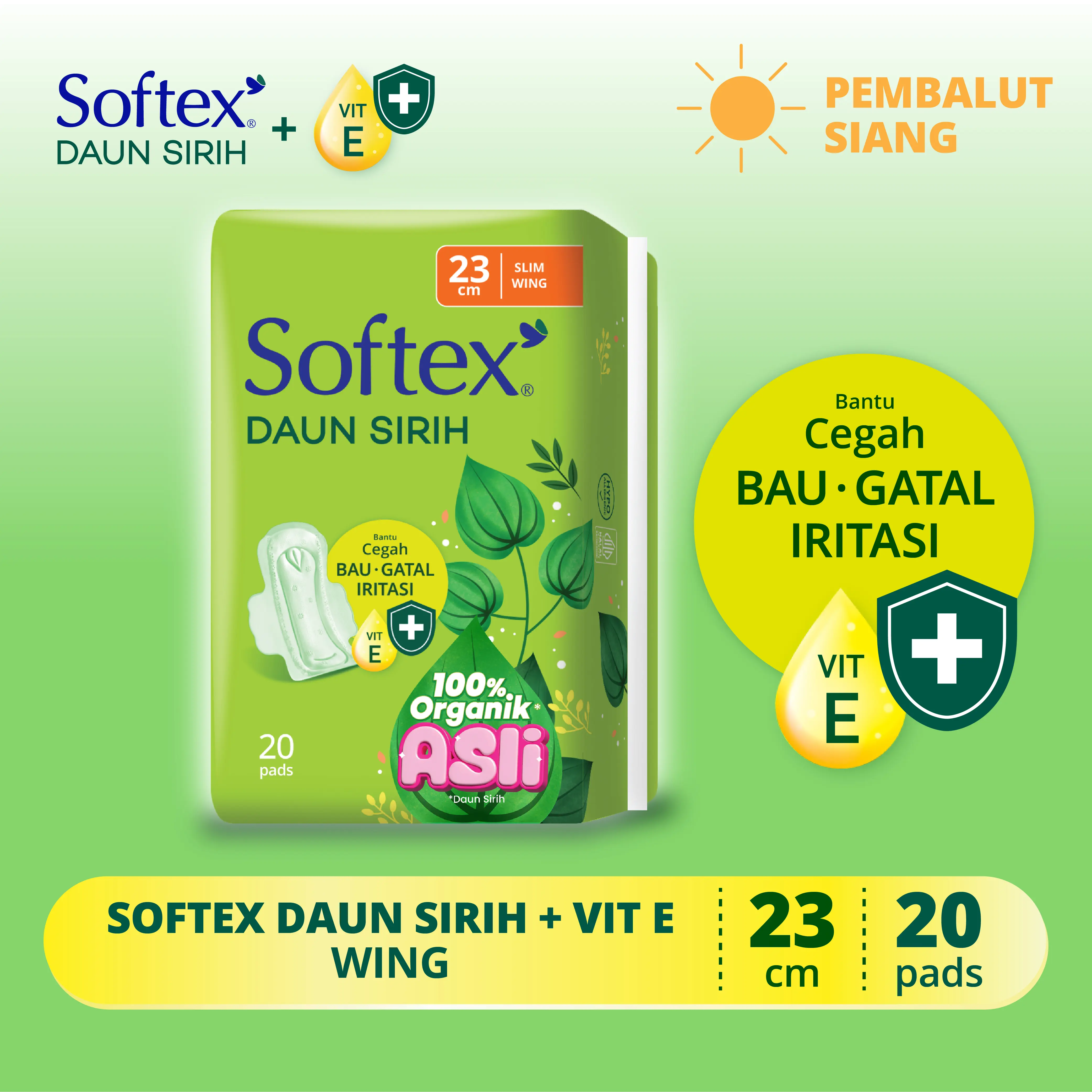 Softex Daun Sirih + Vitamin E 23cm 20s - Pembalut Daun Sirih Siang