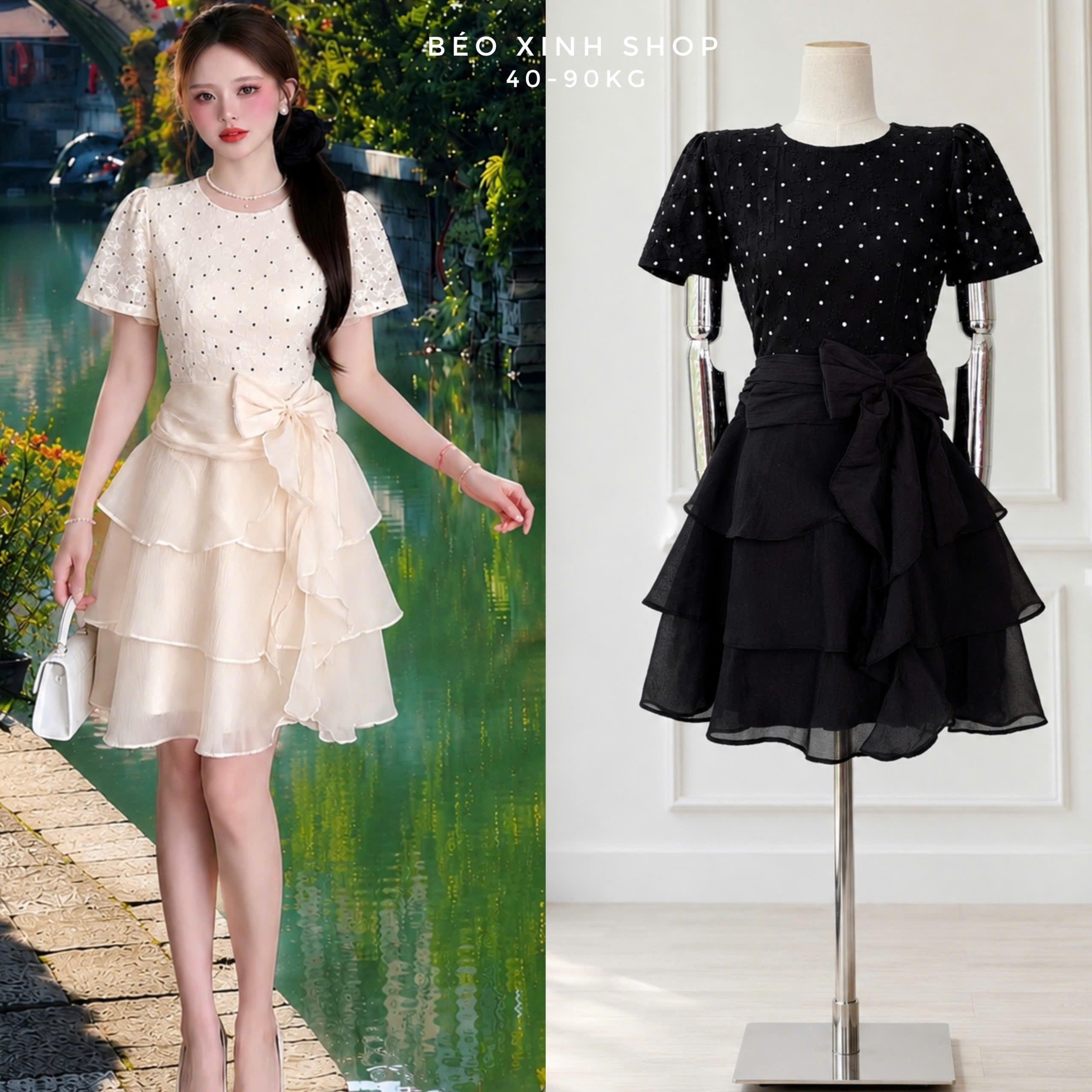 Đầm Thiết Kế Chấm Bi Ren 2 Lớp, Tùng Xòe 3 Tầng Phối Nơ Eo Có Bigsize Thời Trang Nữ Váy Thiết Kế Béo Xinh Shop - B.1861