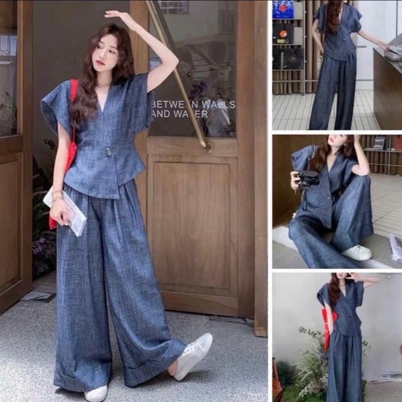 Q83 Set áo vạt chéo cúc đồng + quần dài vải đũi form 40-60kg mang vừa phù hợp đi chơi . di du lich chất mát thoáng thấm hút mồ hồi Hằng tidy