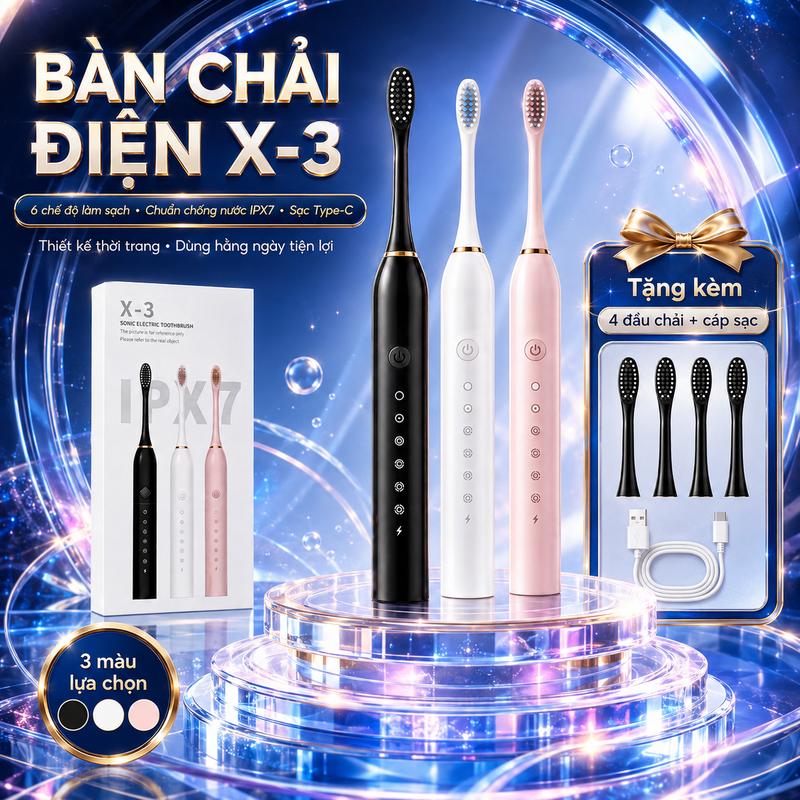 Bộ Bàn Chải Đánh Răng Điện X-3 Cho Người Lớn, Chống Nước IPX7, 6 Chế Độ Làm Sạch, Lông Chải Mềm, Pin Sạc Tiện Lợi, Kèm 4 Đầu Chải Thay Thế, Chăm Sóc Răng Miệng Cho Nam Và Nữ