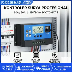 Solar Charge Controller 50A 60A PWM 12V 24V Auto LCD Dual USB - Kontroler Panel Surya Aki