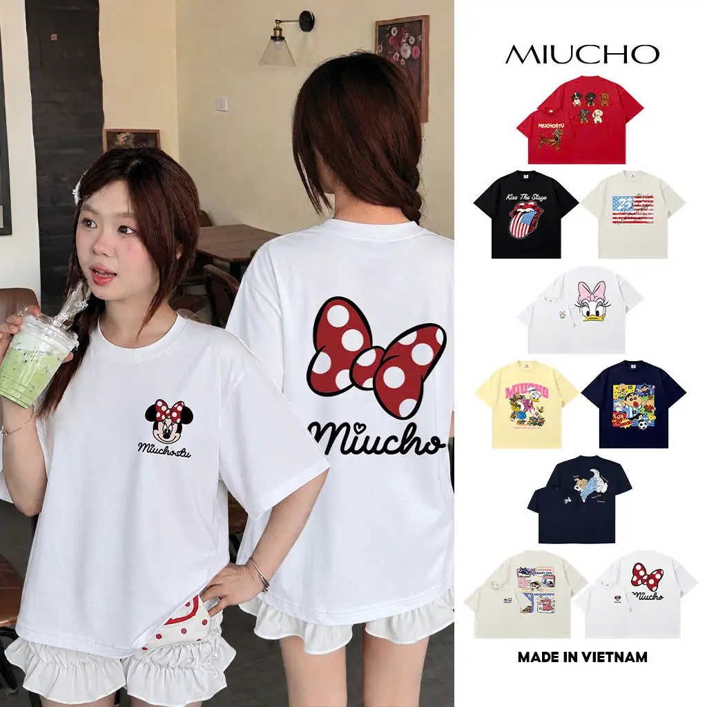 [BÁN CHẠY] Áo thun boxy hoạt hình Miucho BST cổ tròn chất vải cao cấp dày dặn in mix