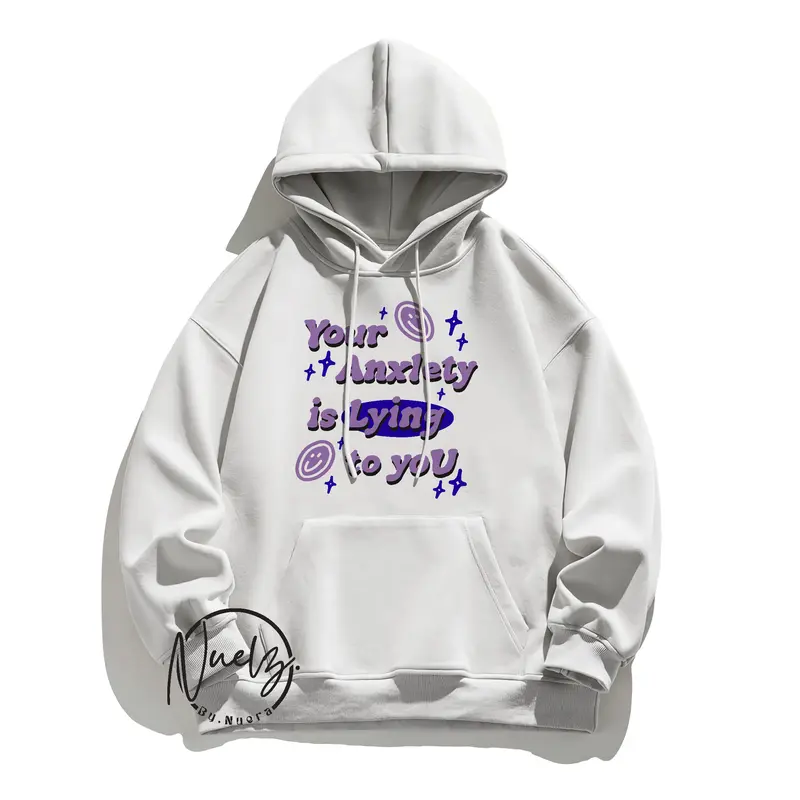 Sweater Hoodie Wanita Korean Street Style Your Anxiety Lying Oversized Kasual Estetik Fleece Lembut 0