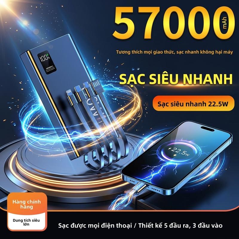 Sạc dự phòng 57000mAh siêu nhanh 120W, tích hợp 4 dây sạc, màn hình hiển thị pin, đa cổng ra vào cho mọi điện thoại,pins