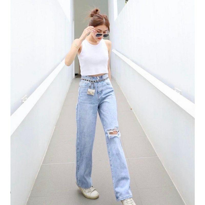 CLARA HIGHWaist KULOT JEANS LOOSE RIPPED PREMIUM Basic High Panjang  Wanita  Celana biru  denim  outfit 5