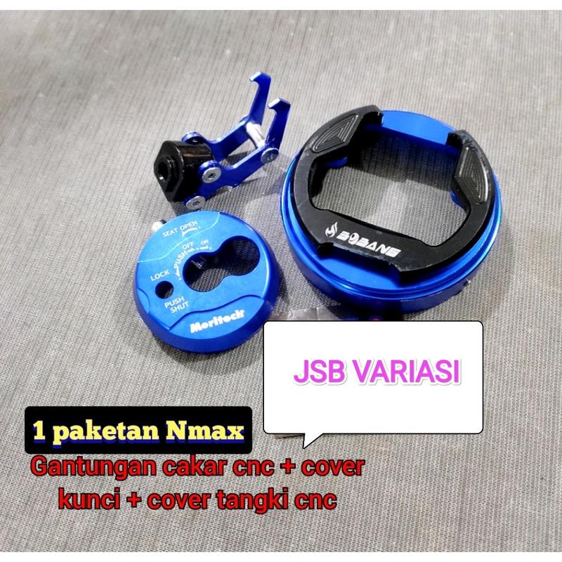 { PAKET HEMAT } Tutup Tangki + Cover Kunci Kontak Nmax + Gantungan Barang Monggo Bosku Di JSB VARIASI 3