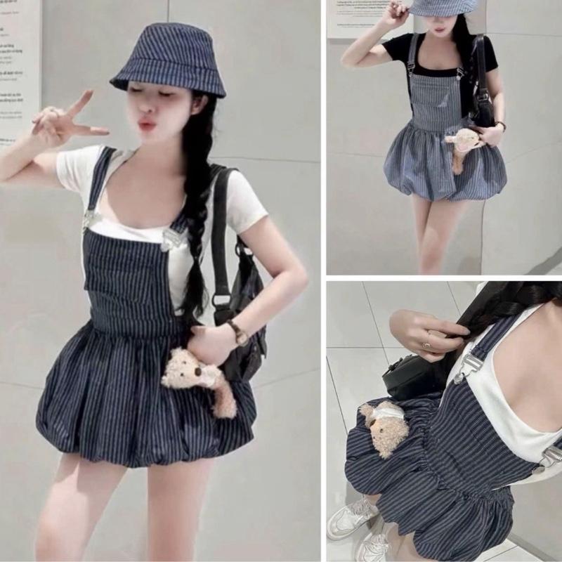 [Bèo Béo Bigsize ]  Kèm Gấu - Set 3 Món Yếm Kẻ Dáng Bí Bồng Kèm Áo Thun Form Bigsize 60-90Kg