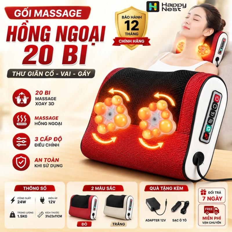 Máy Massage Cổ Vai Gáy Hồng Ngoại 20 Bi Xoay, Gối Mát Xa Đa Năng 3 Cấp Độ Có…
