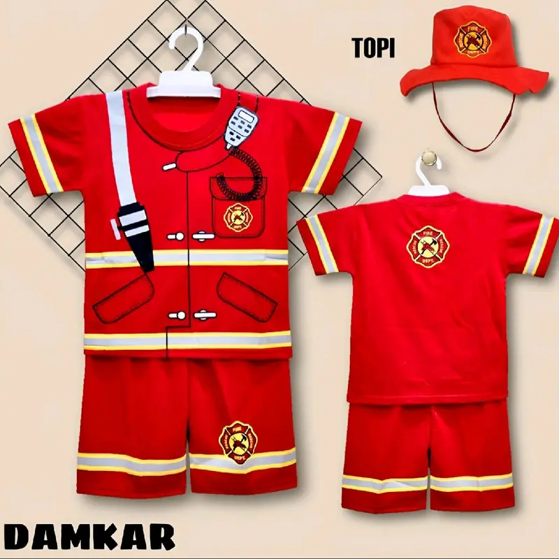 baju setelan damkar / pemadam kebakaran bisa tambah topi 1-10 tahun Fashion 0