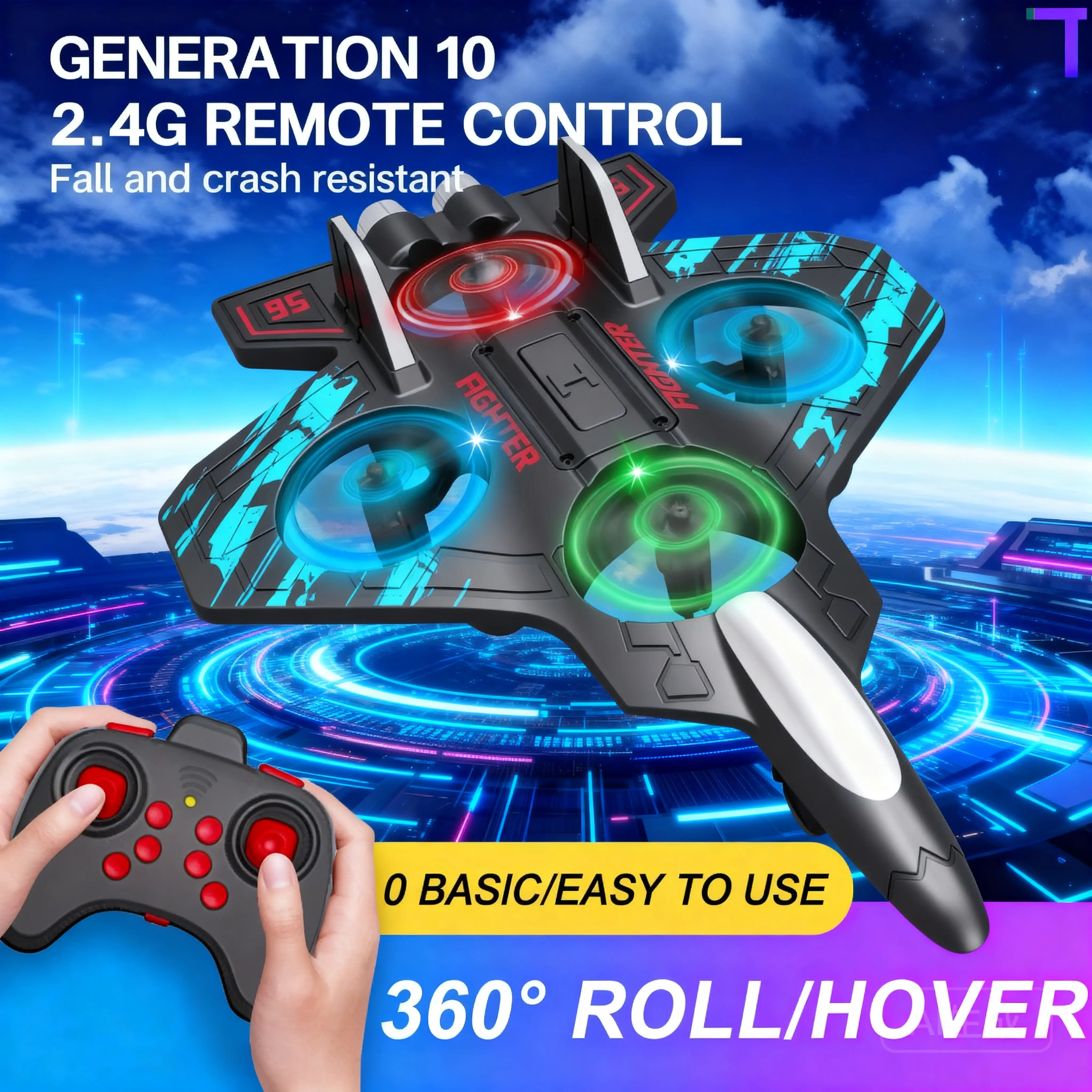 YUNLEO 2.4G RC Remote Control Glider Flying Helicopter RC Hobby Jet Plane Stunt Remote Control Foam Fighter Airplane Toy With Light 360 Rotation One-key Takeoff 4 Turbofan Airplane Kids Toys Gift Pesawat