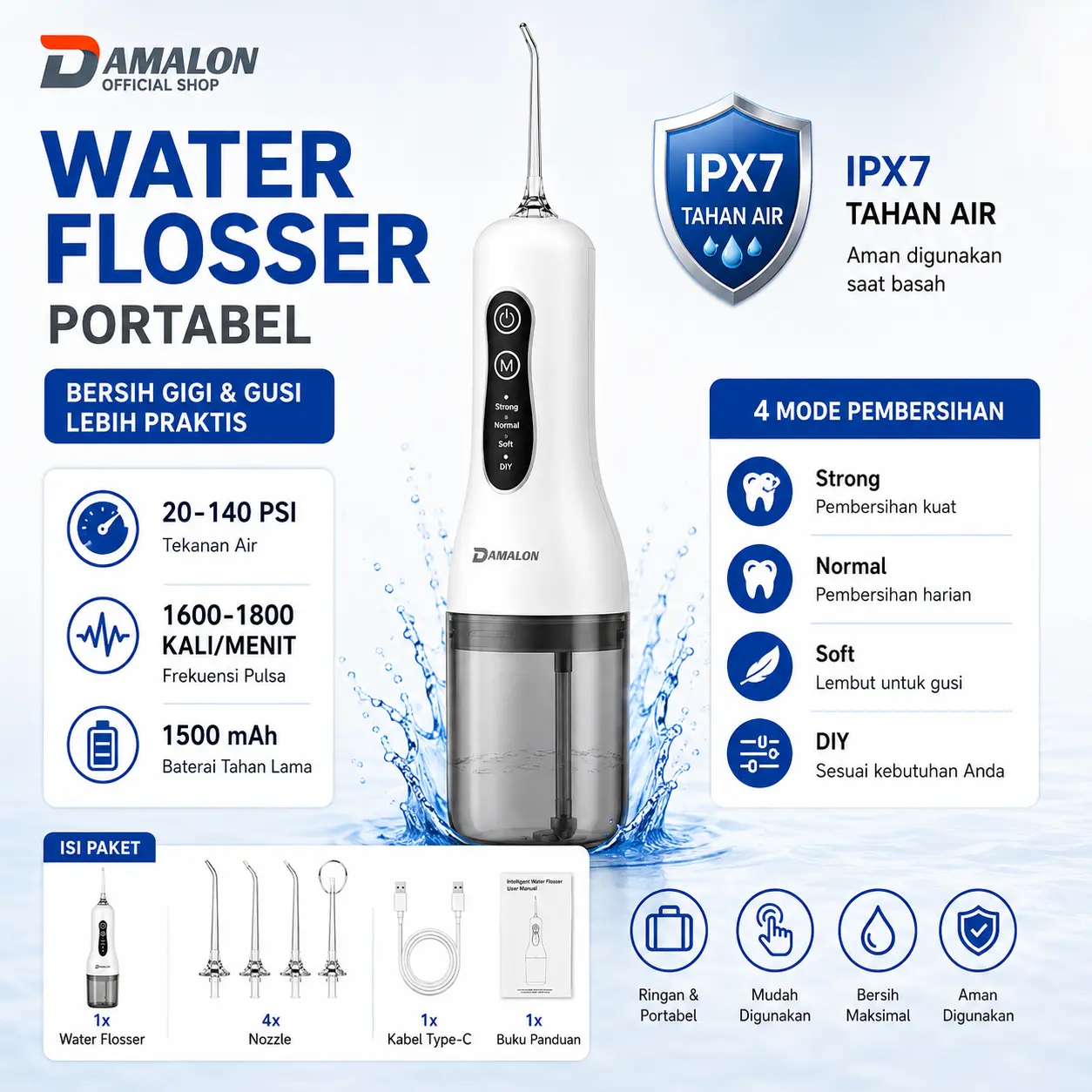 DAMALON COD Water Dental Flosser 280ML Large Water Tank  Portable Irigasi Oral 4 mode gigi  DIY IPX7 Waterproof Alat Pembersih Lengkap Karang gigi pemutih