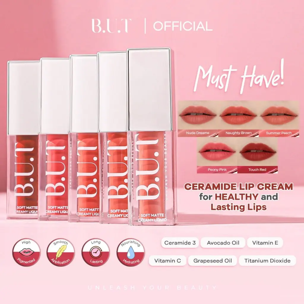 B.U.T Lip Cream But Lip Cream B U T Lipcream Soft Matte Creamy Liqud Cream Ceramide by reglow Nude Dreams Naughty Brown Summer Peach Peony Pink Touch Red Lipstick Mencerahkan Bibir Kering dengan Avocado Gloss