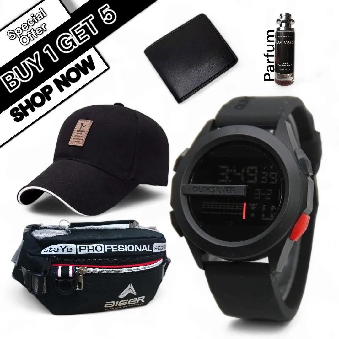 PROMO BELI 1 DAPAT 5 PAKET BUNDLING JAM TANGAN DIGITAL TOPI DISTRO WAISTBAG/SELEMPANG DOMPET PARFUM Pria Rubber Watch Watches