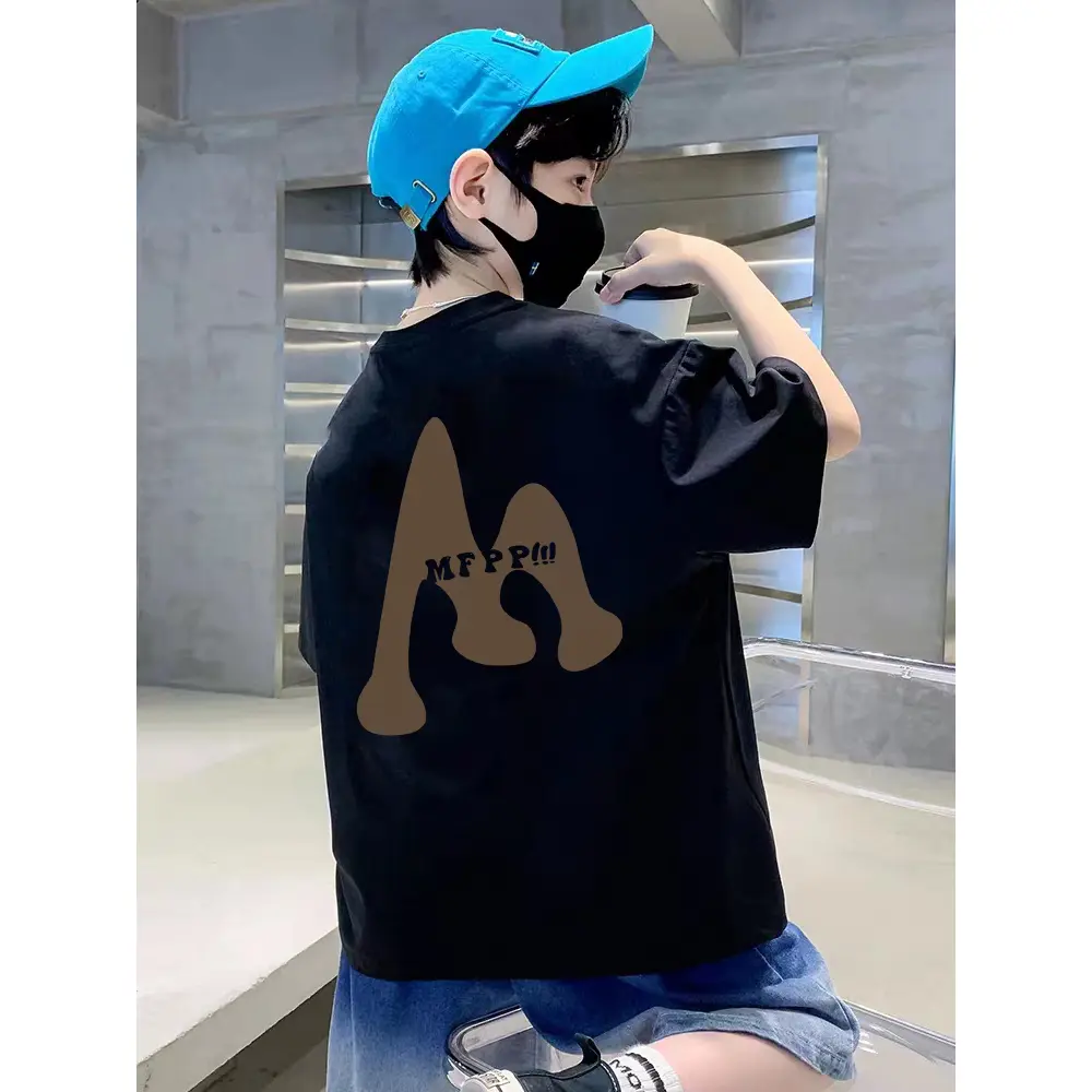 MFPP!!! M-letter printed summer new boys and girls 100% pure cotton T-shirt for small and medium-sized children loose fitting Korean fashionable half sleeved T-shirt