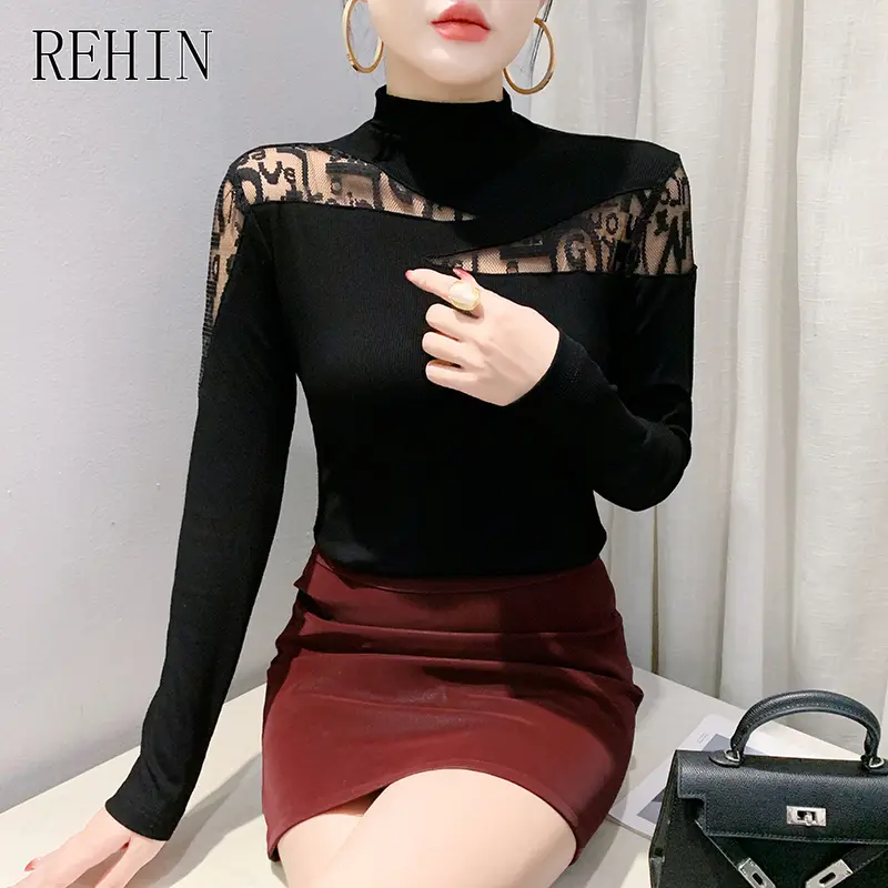 REHIN Áo Thun Cotton Dài Tay Bất Đối Xứng Phong Cách Hàn Quốc Mới Mùa Thu Đông, Dáng Ôm, Áo Nữ Thời Trang Top Women 2