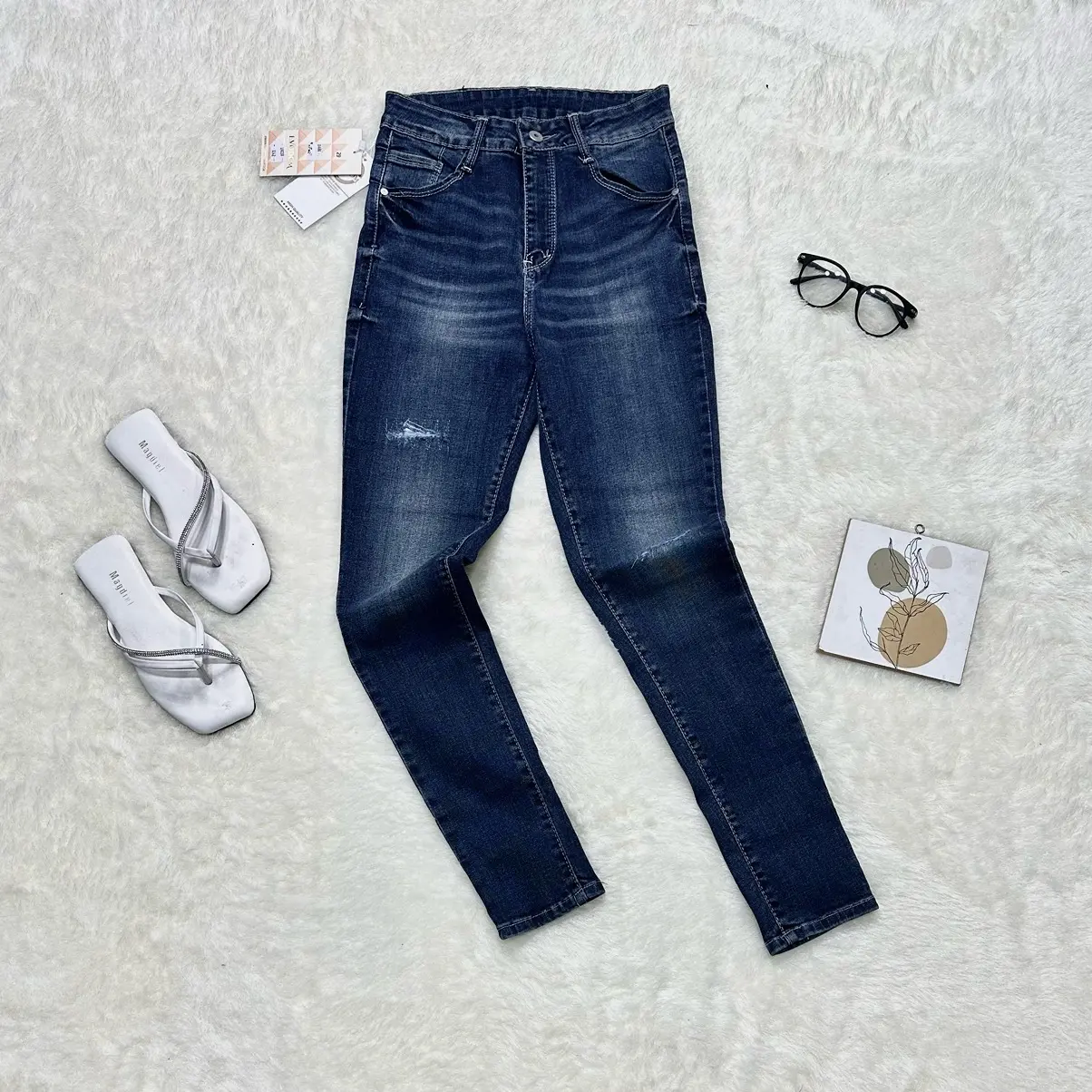 Hw Grisella / Celana Jeans Wanita Sobek Tidak Tembus Bahan Melar Premium Denim Jeans Panjang Dewasa Karet Tebal Cewek High Waist Keren Variasi Biru