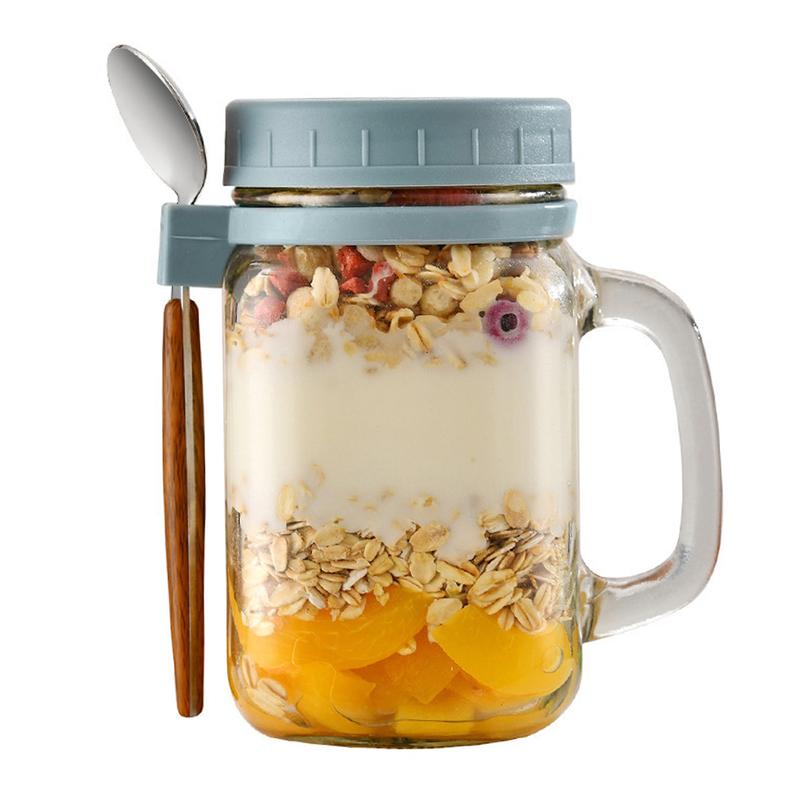 Hộp đựng yến mạch, sử dụng cả ngày, có tay cầm, nắp và thìa, lọ thủy tinh, thích hợp cho ngũ cốc, salad, sữa chua