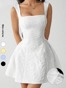 Aodebiao Vestido de mujer estilo A-line Verano Sin mangas Escote cuadrado Color sólido Elegante Vestido de fiesta, Sexy Ajustado Moda Blanco Sin espalda Sencillo Versátil Vestido de damas Ropa casual