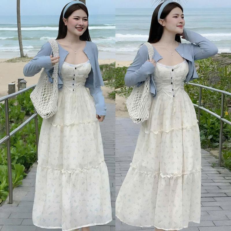 Sét đầm váy nữ lụa tuyết 2 dây cổ yếm đính nút [có mút] chân váy dài tầng kèm áo khoác thun tăm lạnh xinh xắn dành cho các nàng diện đi chơi đi tiệc