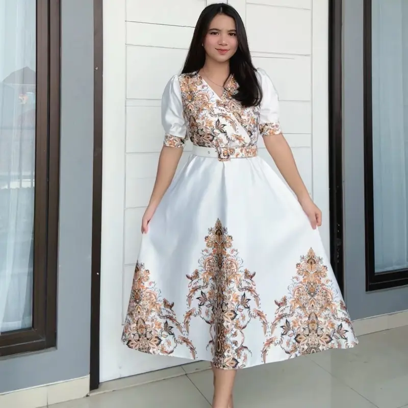 Emma.Butik E00195 Gaun Pesta Wanita Turkish Mewah Glamor Dress Natal Gereja Elegan Formal Pesta Motif Bunga V neck Cantik Kondangan 7