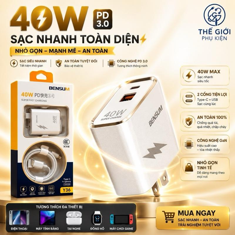 Bensum Y36 Sạc Nhanh 40W PD Cho Điện Thoại & Thiết Bị Di Động Cáp USB-C Sang Lightning