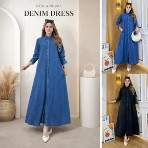 Midi Dress Jeans Wanita Muslim Full Kancing Depan Aktif Busui Friendly Model Trendy dan Nyaman