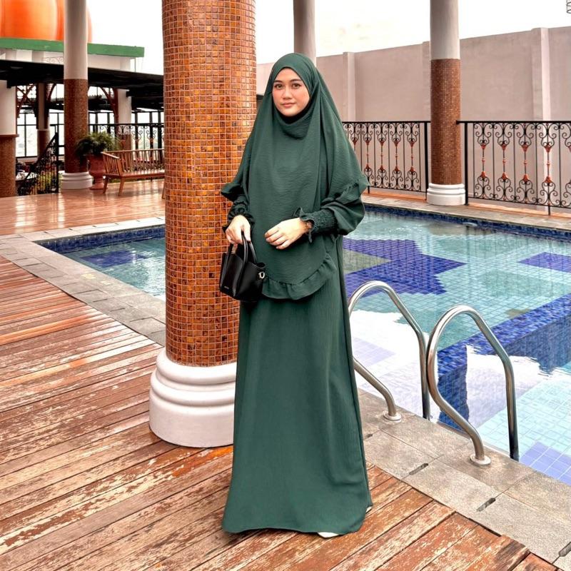 Shanum Gamis Set Syari Frenchkhimar Rempel Muslim All Size Crinkle Airflow Busui/ Gamis Lebaran Dewasa Dress Mewah Cantik Menyusui Wudhu Formal Panjang 5