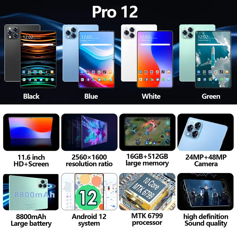 BISA COD！ Tablet Baru Pro12 Ram/Rom 16/128GB + Android + Layar Penuh 11.6Inci + WIFI + Dual SIM + Pengiriman Cepat Garasi 1 Tahun! 2