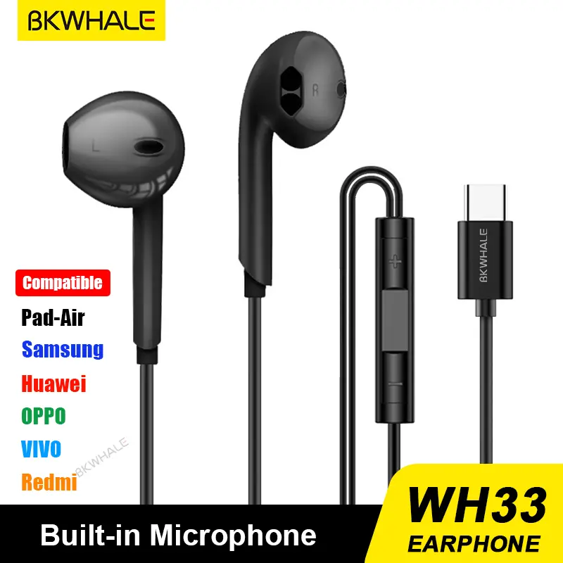 BKWHALE WH33 Type C Wired Headphones With Bass Earbuds Stereo Earphone Music Sport Gaming Headset With mic For Xiaomi OPPO Earphones