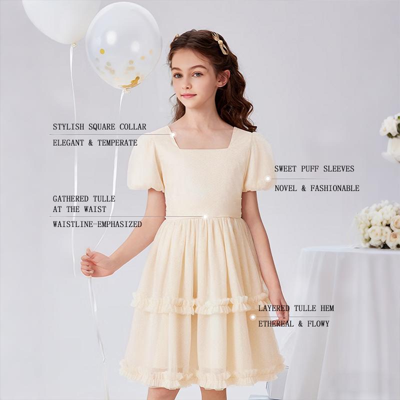 Malwee 2-10 Tahun Gaun Anak Perempuan Krem Gaya Princess  Lengan Balon dengan Lapisan Renda NT027