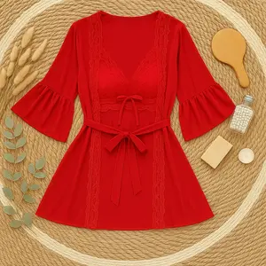 [ Happy Girl Shop ] Setelan Lingerie Nightwear 3IN1 Kimono Dress Corak Bunga Bunga Romantic Soft Lace Sleeve Kimono 3/4 Dress Style Low Back Strap Cross Silng For Adjust Include G-String Good Seller Sifon Renda Premium Good Quality KK31