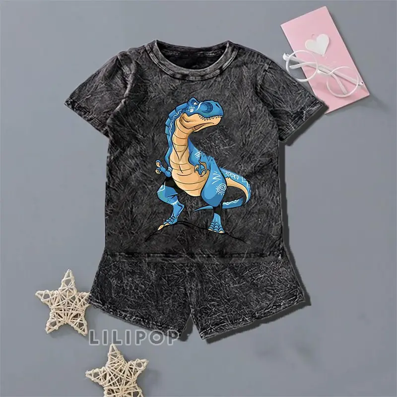 Majin  Fashion Anak Unisex Stelan Stone Wash 3/4 Cocok untuk Anak Laki-laki dan Perempuan DINO TREX Stylish Setelan 3
