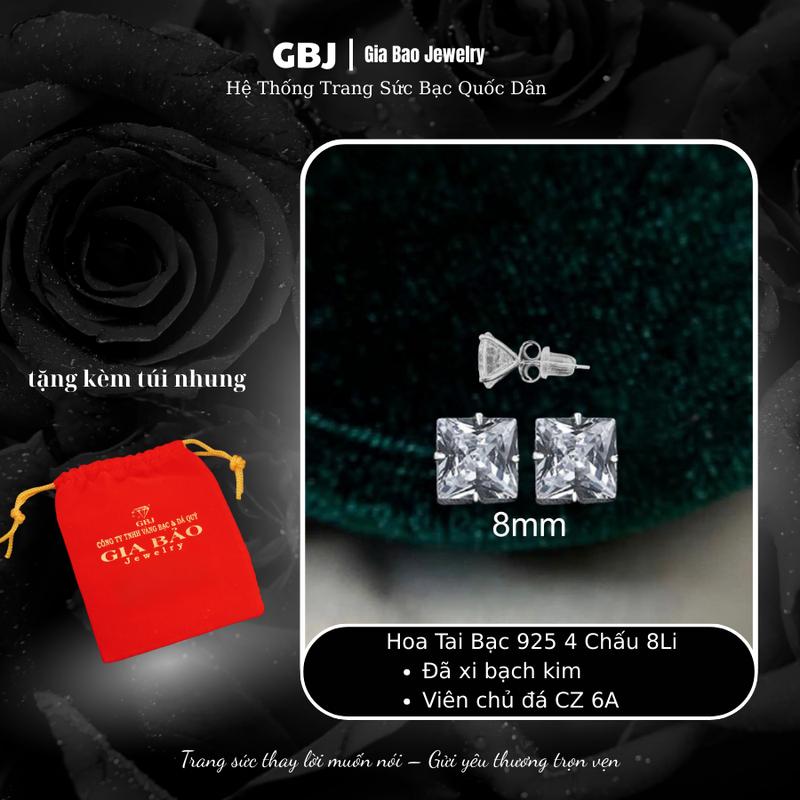 [1 ĐÔI] Hoa Tai Bạc Vuông 8Li (8mm) (chốt đẩy) XI KIM Đơn Giản Phong Cách Unisex GBJ448