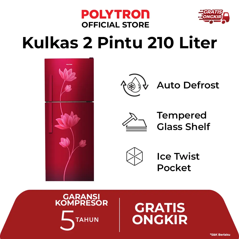 POLYTRON Kulkas 2 Pintu Beauty metal door 210 liter PRB 219R
