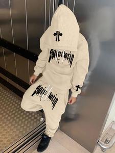 メンズ ストリートスタイル フーディー スウェットシャツ & パンツ セット、グラフィックプリント、ゆったりフィット、長袖、秋冬ファッション、カジュアル