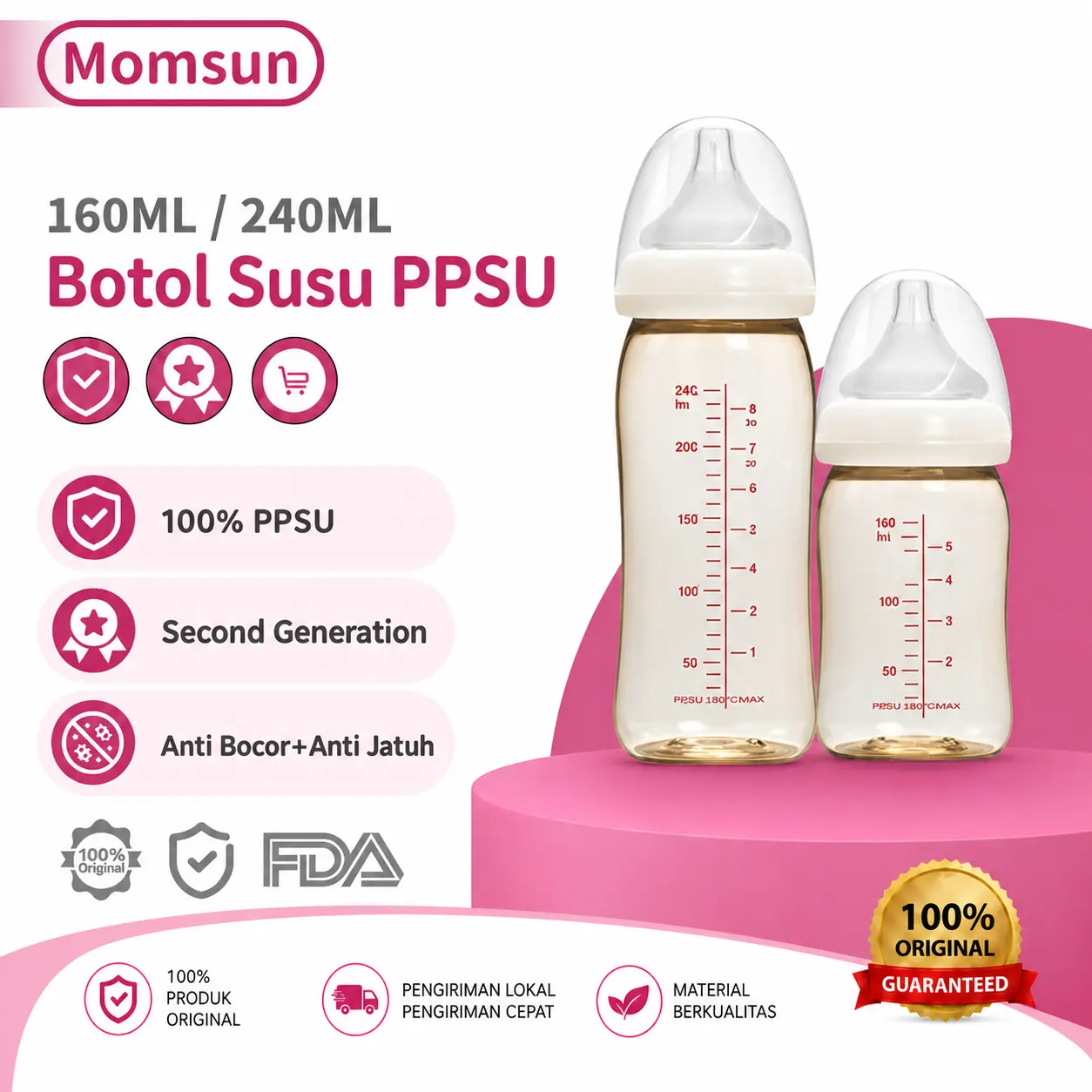 Momsun Botol Susu PPSU 160ML/240ML Generasi Kedua Botol Susu Bayi BPA Free Botol Bayi Newborn BPS02