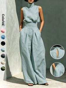 Conjunto elegante de dos piezas para mujer, estilo sencillo, mezcla con textura tipo lino, top sin mangas de cuello alto y pantalón de pierna ancha, monocromo chic