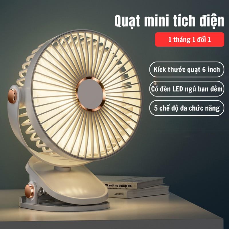 Quạt mini tích điện 5 chế độ gió có đèn LED F15 dung lượng 4000mAh kẹp bàn đa năng