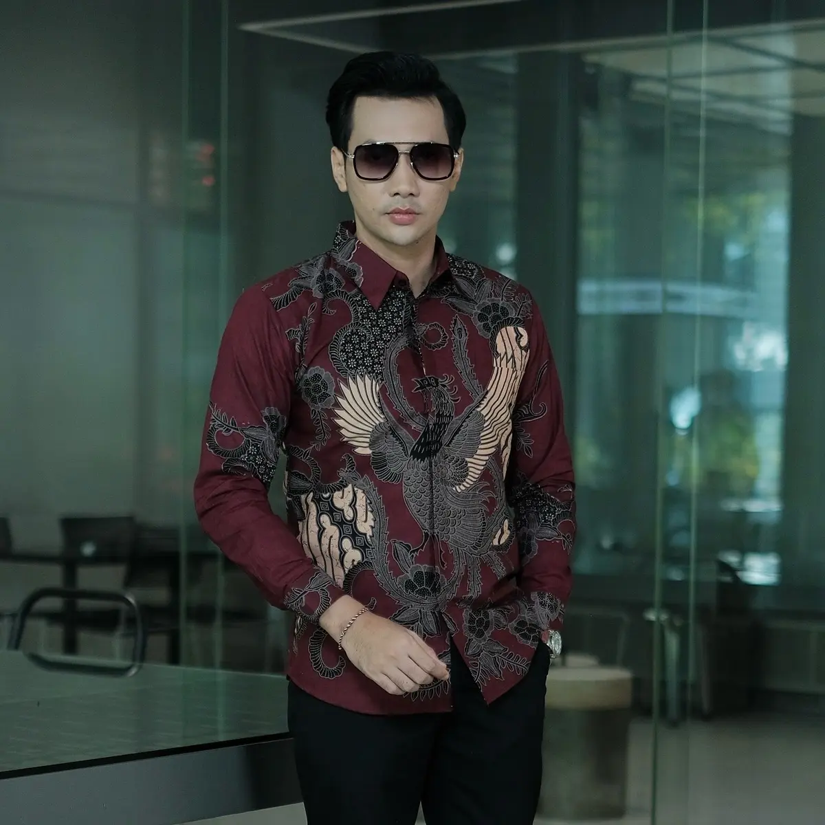 BIMANTARA BURGUNDY Kemeja batik pria lengan panjang Furing full Ero katun slimfit